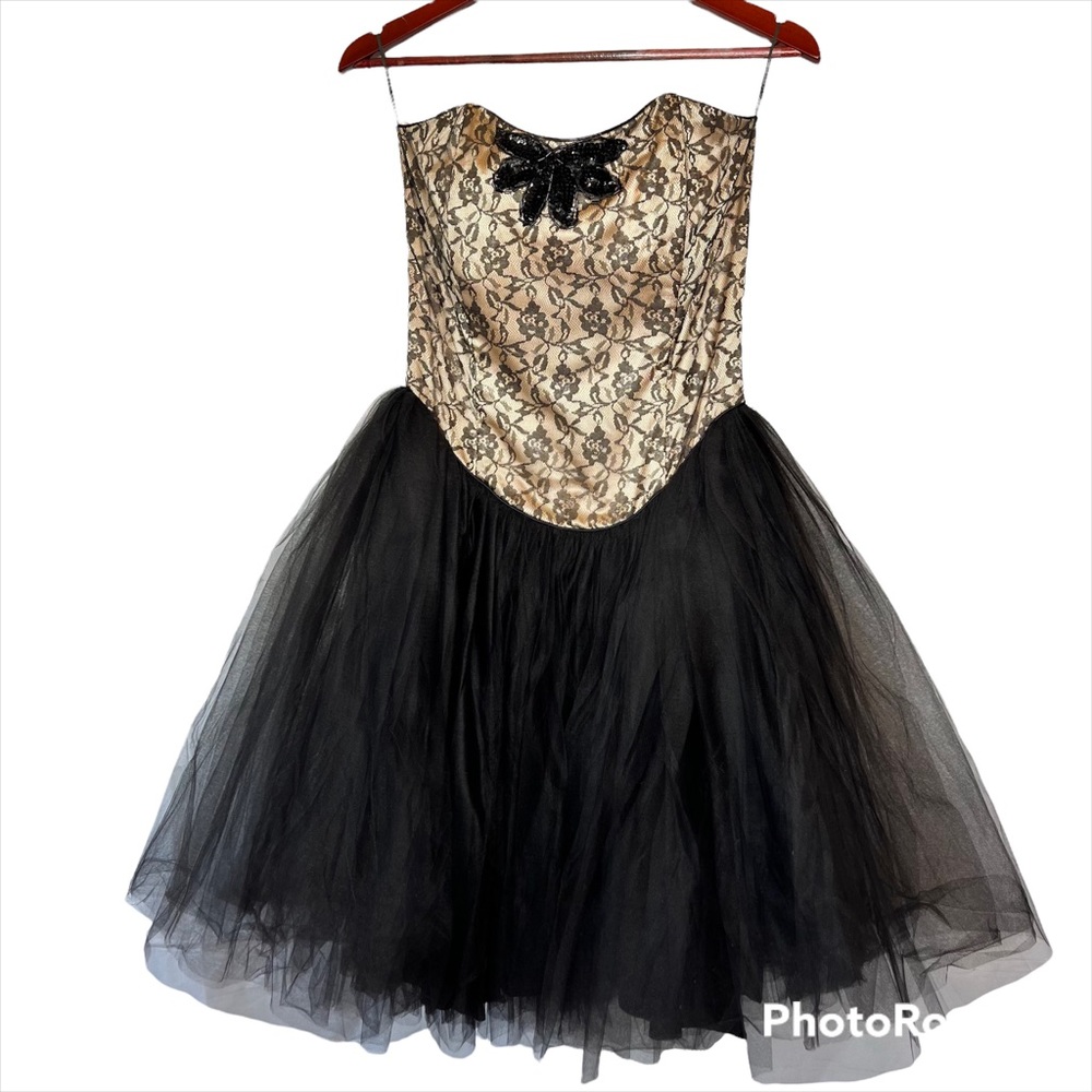 Vintage Prom Gunne Sax Black Lace Strapless Dress Juniors Size 13